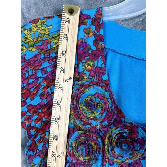 New Directions Dress Womens A Line Turquoise Blue Floral Pleated Short Sleeve - Picture 10 of 14